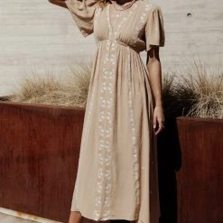 IN LOOM Lyla Embroidered Dress In Taupe