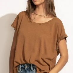 WISHLIST Annie Rolled Sleeve Tee In Brown Tops
