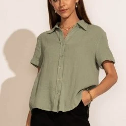 FUN 2 FUN Tops Piper Button Down Top In Sage