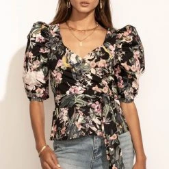 CLOTHING COMPANY Bohme In Bloom Cassia Wrap Blouse In Black