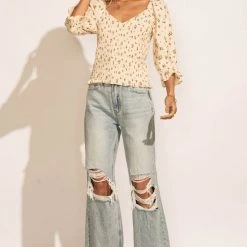 FUN 2 FUN Holly Smocked Blouse In Cream