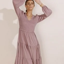 LUMIERE PREORDER - Smocked Tiered Midi Dress In Lavender