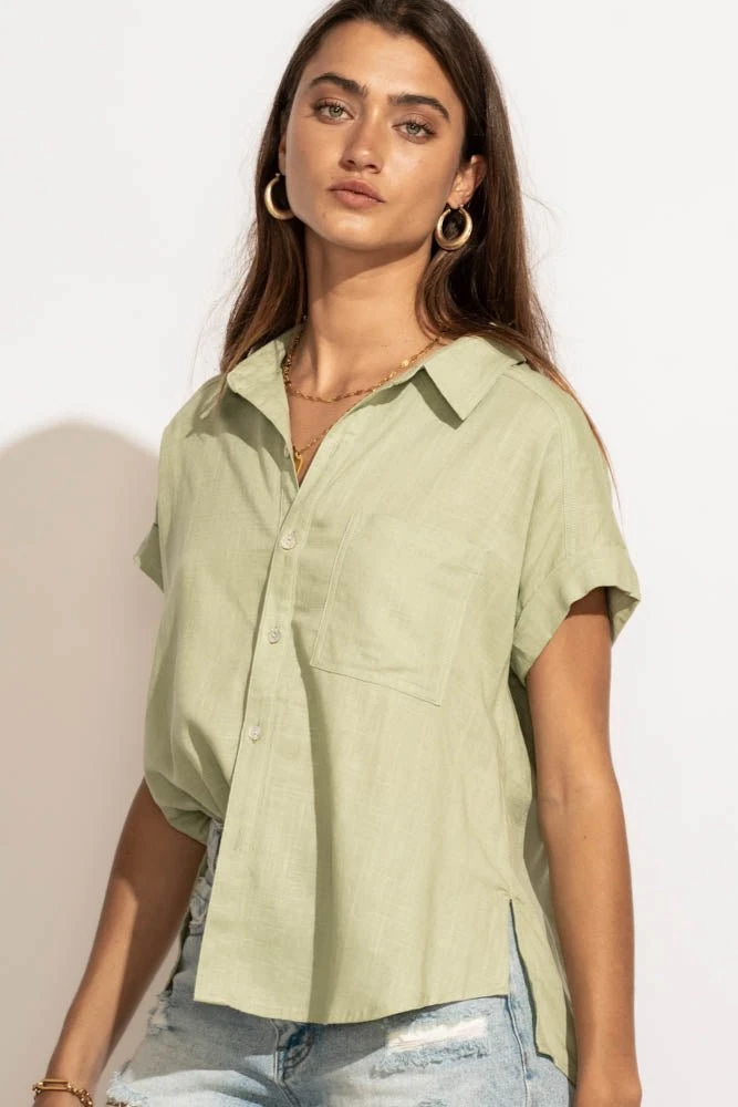VERY J Tops Dayana Button Down Top In Sage 13 VERY J Tops Dayana Button Down Top In Sage