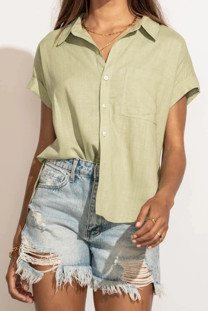 VERY J Tops Dayana Button Down Top In Sage 3 VERY J Tops Dayana Button Down Top In Sage
