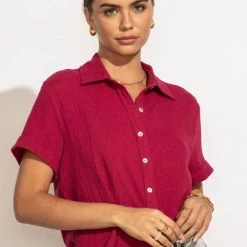 FUN 2 FUN Piper Button Down Top In Magenta New Arrivals