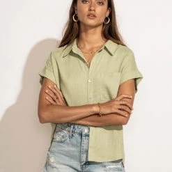 VERY J Tops Dayana Button Down Top In Sage 19 VERY J Tops Dayana Button Down Top In Sage