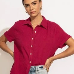 FUN 2 FUN Piper Button Down Top In Magenta New Arrivals
