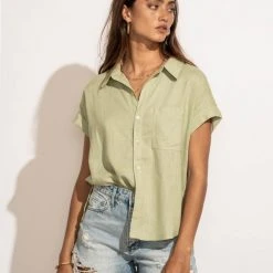VERY J Tops Dayana Button Down Top In Sage 25 VERY J Tops Dayana Button Down Top In Sage