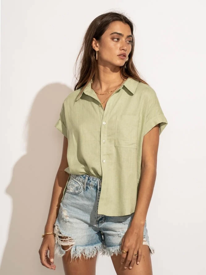 VERY J Tops Dayana Button Down Top In Sage 12 VERY J Tops Dayana Button Down Top In Sage