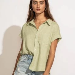 VERY J Tops Dayana Button Down Top In Sage