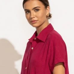 FUN 2 FUN Piper Button Down Top In Magenta New Arrivals