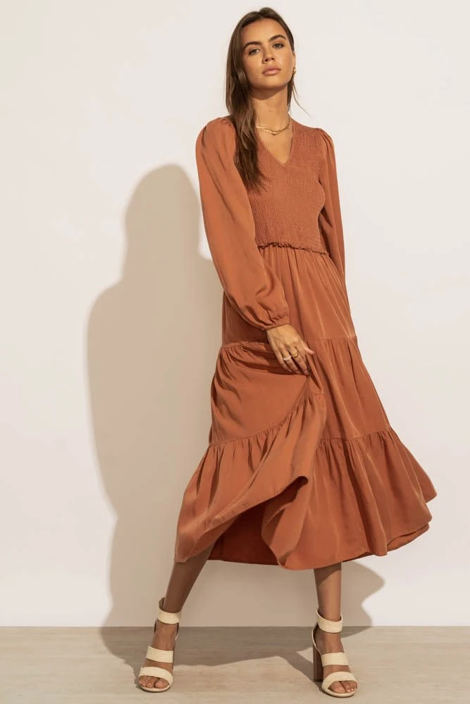 LUMIERE PREORDER - Smocked Tiered Midi Dress In Rust New Arrivals 6 LUMIERE PREORDER - Smocked Tiered Midi Dress In Rust New Arrivals