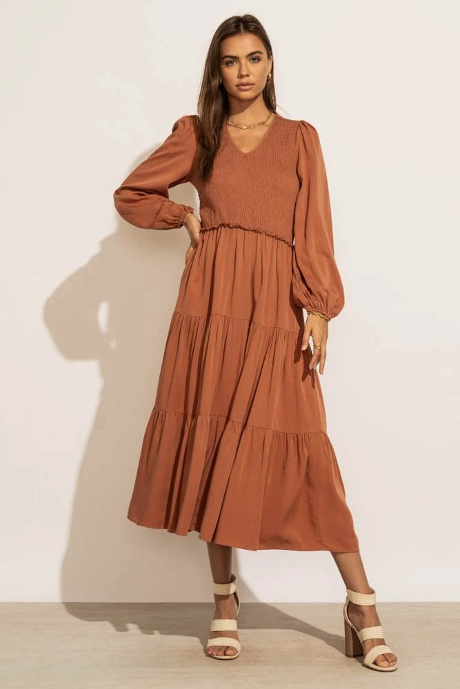 LUMIERE PREORDER - Smocked Tiered Midi Dress In Rust New Arrivals 8 LUMIERE PREORDER - Smocked Tiered Midi Dress In Rust New Arrivals