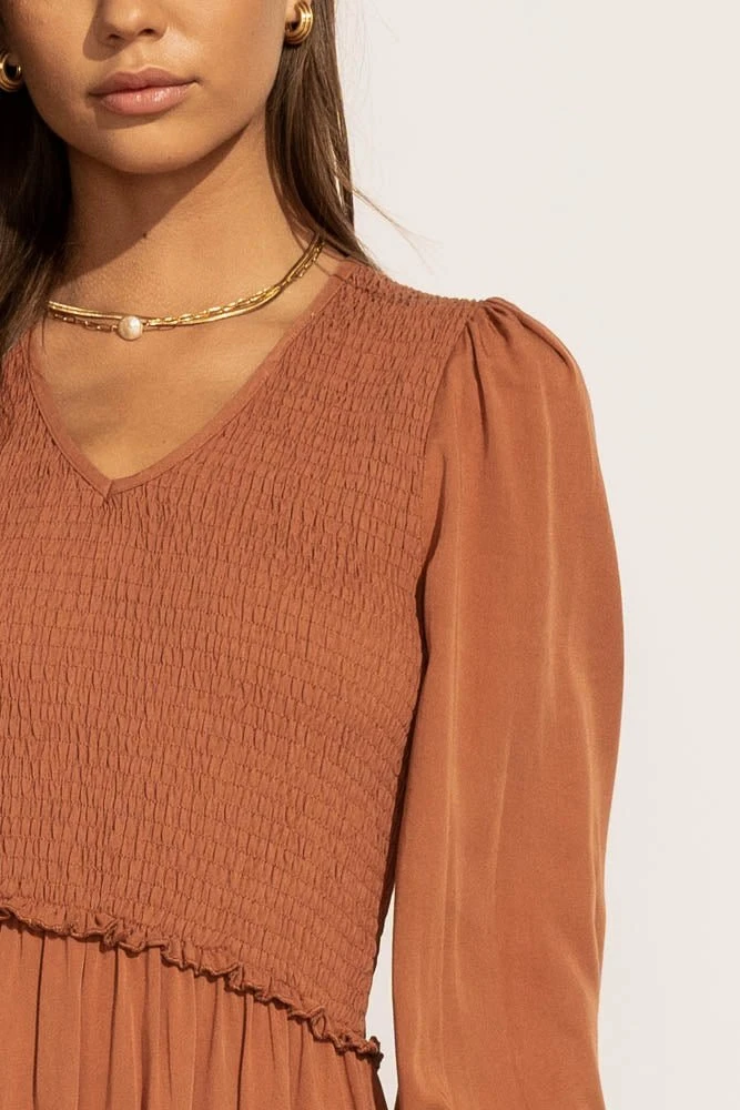 LUMIERE PREORDER - Smocked Tiered Midi Dress In Rust New Arrivals 5 LUMIERE PREORDER - Smocked Tiered Midi Dress In Rust New Arrivals