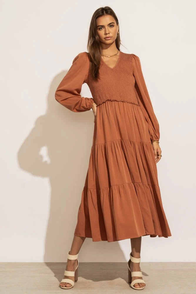 LUMIERE PREORDER - Smocked Tiered Midi Dress In Rust New Arrivals 7 LUMIERE PREORDER - Smocked Tiered Midi Dress In Rust New Arrivals