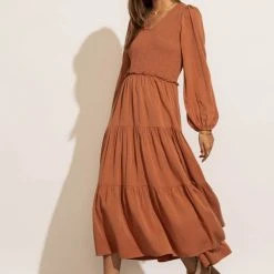 LUMIERE PREORDER - Smocked Tiered Midi Dress In Rust New Arrivals