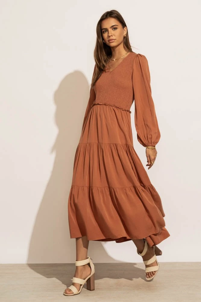 LUMIERE PREORDER - Smocked Tiered Midi Dress In Rust New Arrivals 3 LUMIERE PREORDER - Smocked Tiered Midi Dress In Rust New Arrivals