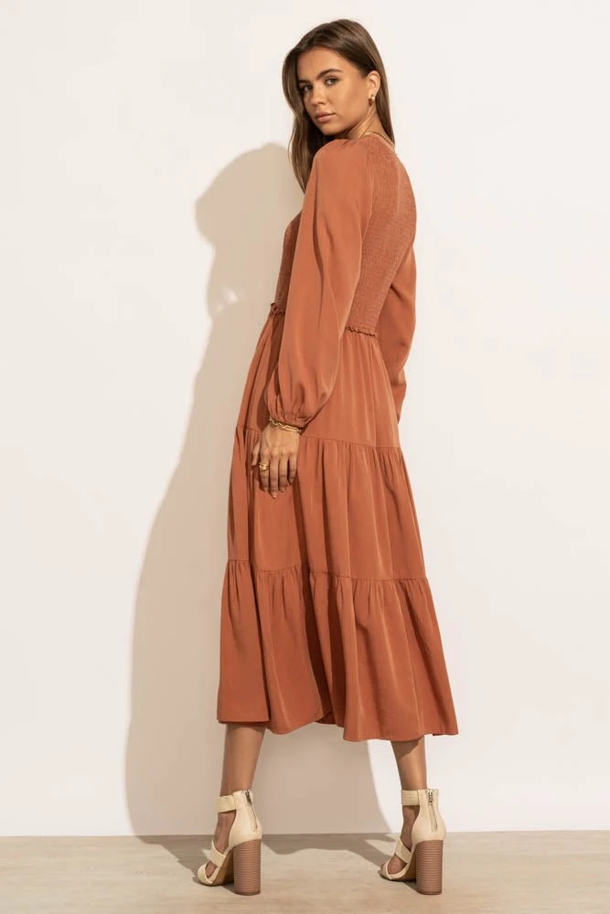 LUMIERE PREORDER - Smocked Tiered Midi Dress In Rust New Arrivals 9 LUMIERE PREORDER - Smocked Tiered Midi Dress In Rust New Arrivals