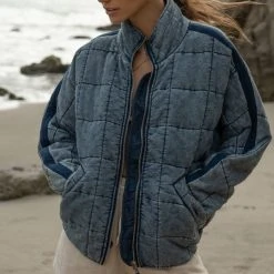 ODDI Acid Wash Quilted Bomber Jacket In Blue Denim
