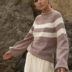 WELLMADE INC Hilarie Striped Sweater In Lavender - FINAL SALE Sweaters