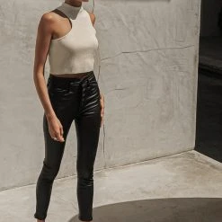 SINA Tees & Tanks Asymmetrical Mock Neck Tank In Cream