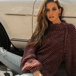 SINA Olympe Cable-Knit Sweater In Burgundy Sweaters