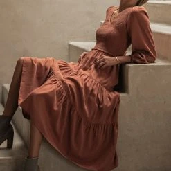 LUMIERE PREORDER - Smocked Tiered Midi Dress In Rust New Arrivals