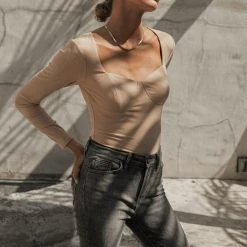 LE LIS Stalina Ribbed Bodysuit In Nude - FINAL SALE Shirts & Blouses