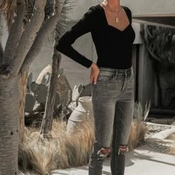 LE LIS Stalina Ribbed Bodysuit In Black - FINAL SALE Tops