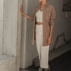 WORUI Work Edit Yaxley Corduroy Long-Line Jacket In Tan