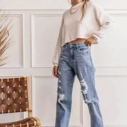 GINGER G Long Sleeve Othello Striped Crop Top - FINAL SALE