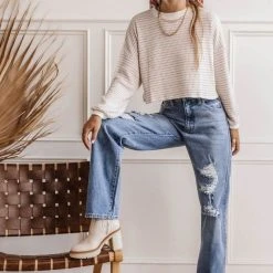 GINGER G Long Sleeve Othello Striped Crop Top - FINAL SALE