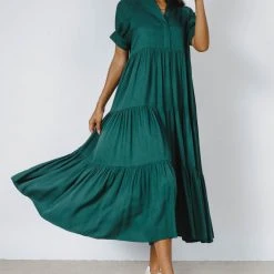 Fore Collection PREORDER - Amanda Tiered Dress In Hunter Green