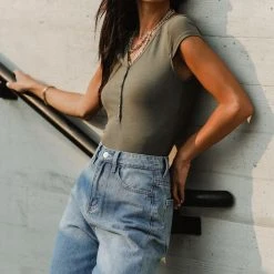 DRESS FORUM Ribbed Cap Sleeve Bodysuit In Olive Bohme Essentials