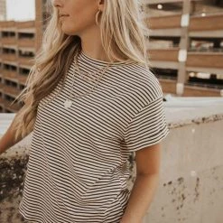 GINGER G Tops Rolled Sleeve Striped Tee In Brown - FINAL SALE