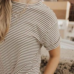 GINGER G Tops Rolled Sleeve Striped Tee In Brown - FINAL SALE