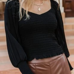 FUN 2 FUN Stefan Smocked Blouse In Black