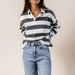 LIME N CHILI Rylan Rugby Stripe Top In Charcoal Tops