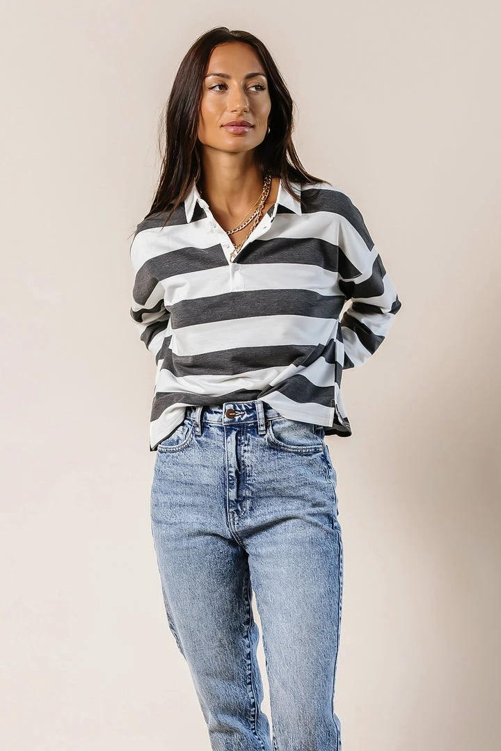 LIME N CHILI Rylan Rugby Stripe Top In Charcoal Tops 4 LIME N CHILI Rylan Rugby Stripe Top In Charcoal Tops