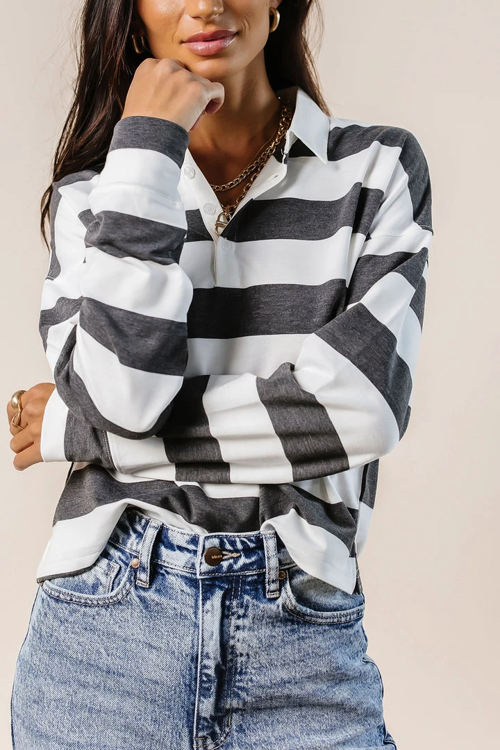 LIME N CHILI Rylan Rugby Stripe Top In Charcoal Tops 3 LIME N CHILI Rylan Rugby Stripe Top In Charcoal Tops