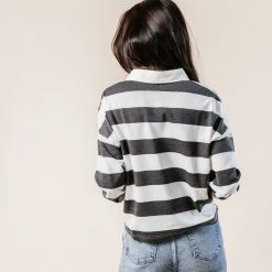 LIME N CHILI Rylan Rugby Stripe Top In Charcoal Tops 11 LIME N CHILI Rylan Rugby Stripe Top In Charcoal Tops